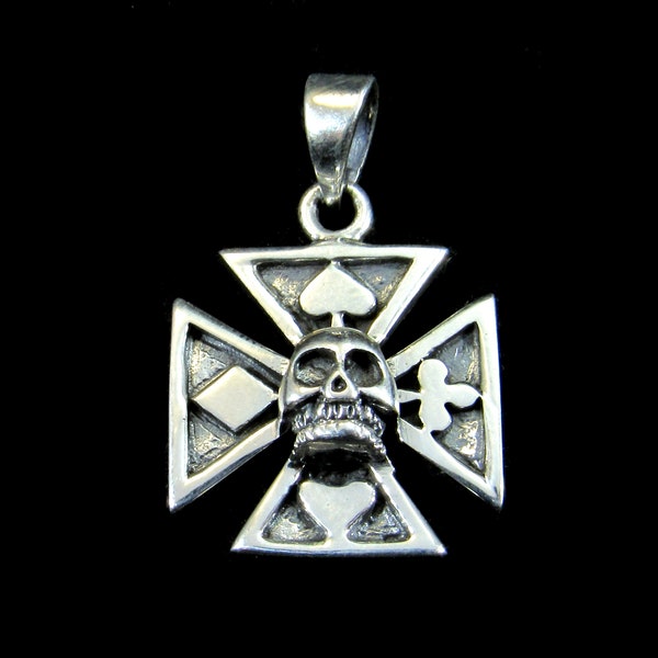 Handcrafted Solid 925 Sterling Silver Croix Pattee (Patty) Iron Cross With 4 Four Card Suits & Skull Mens Pendant