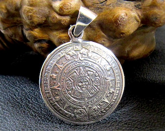 Solid Sterling Silver Aztec Calendar Pendant – Mayan Necklace Amulet, Ancient Mexico Jewelry, Sun Stone Medal, Mens Silver Zodiac Wheel