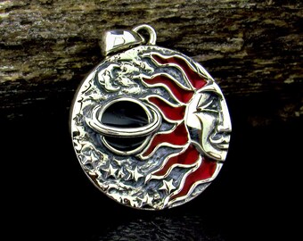 Solid 925 Sterling Silver Sun Face Pendant – Celestial Astrology Jewelry, Saturn Planet, Cosmic Talisman