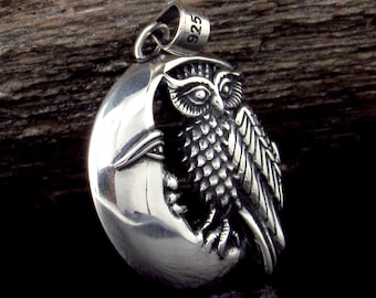 Solid 925 Sterling Silver Owl on Crescent Moon Pendant, Wiccan / Pagan Amulet, Occult Jewelry