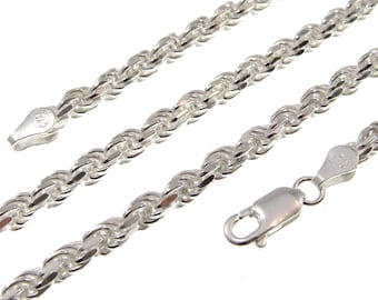 Chaîne, bracelet ou collier italien en corde de 4 mm en argent sterling massif 925 taillés en diamant, fabriqué en Italie, 7 8 9 16 18 20 22 24 26 28 30 34 pouces