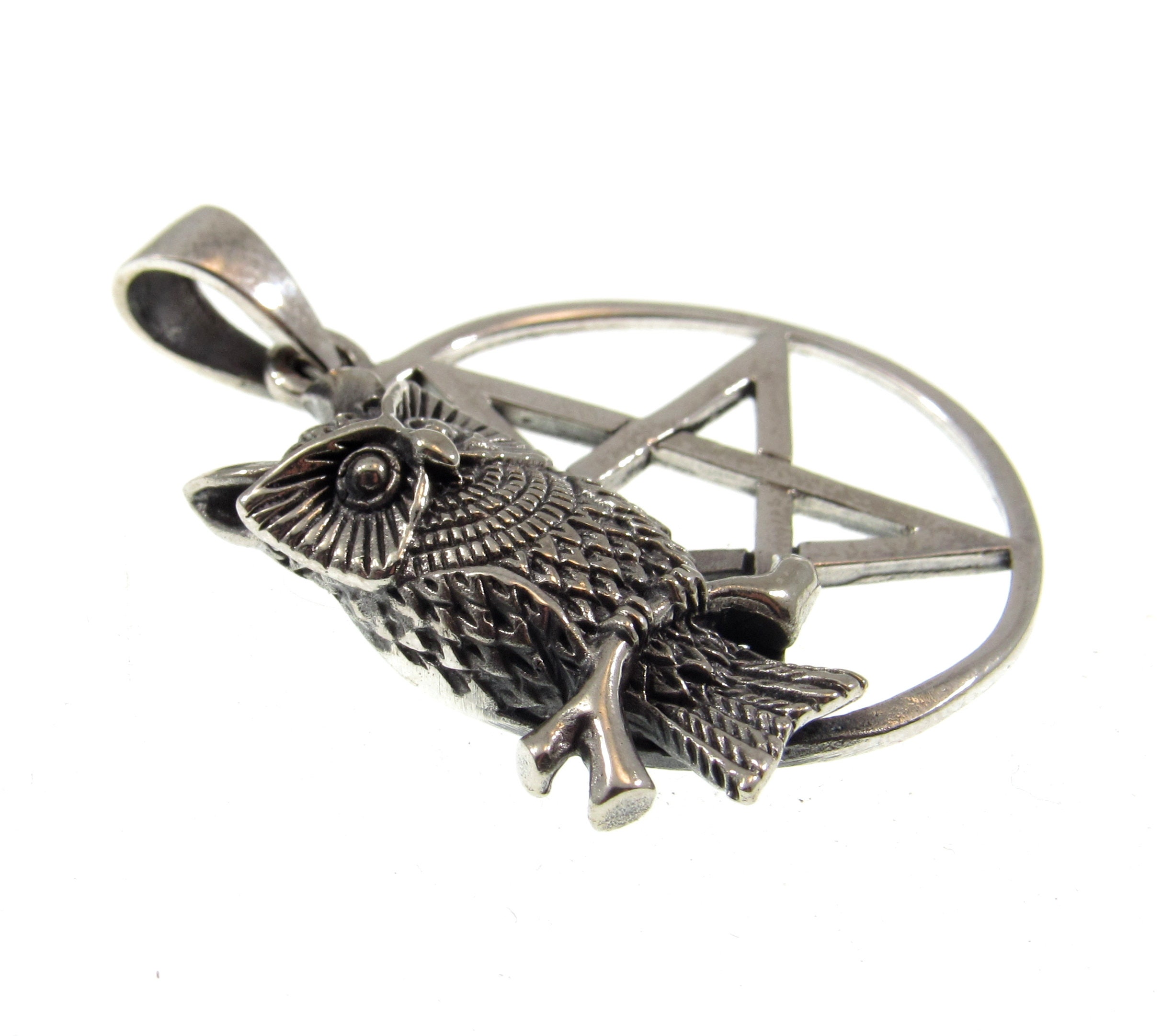 Solid 925 Sterling Silver Owl on Pentacle Pagan Pentagram Pendant 