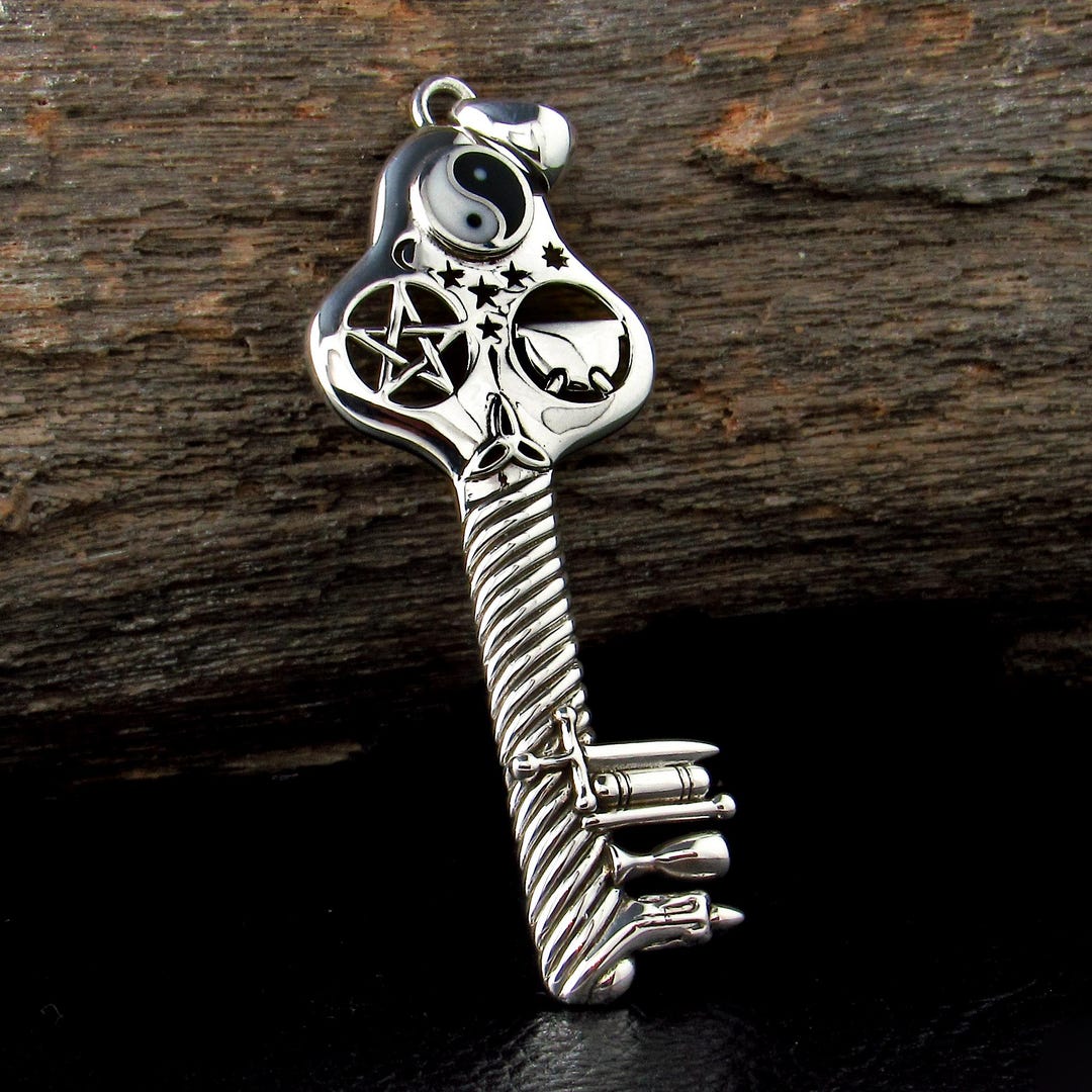 Solid 925 Sterling Silver Yin Yang Pentacle Key Pendant, Pagan Amulet ...