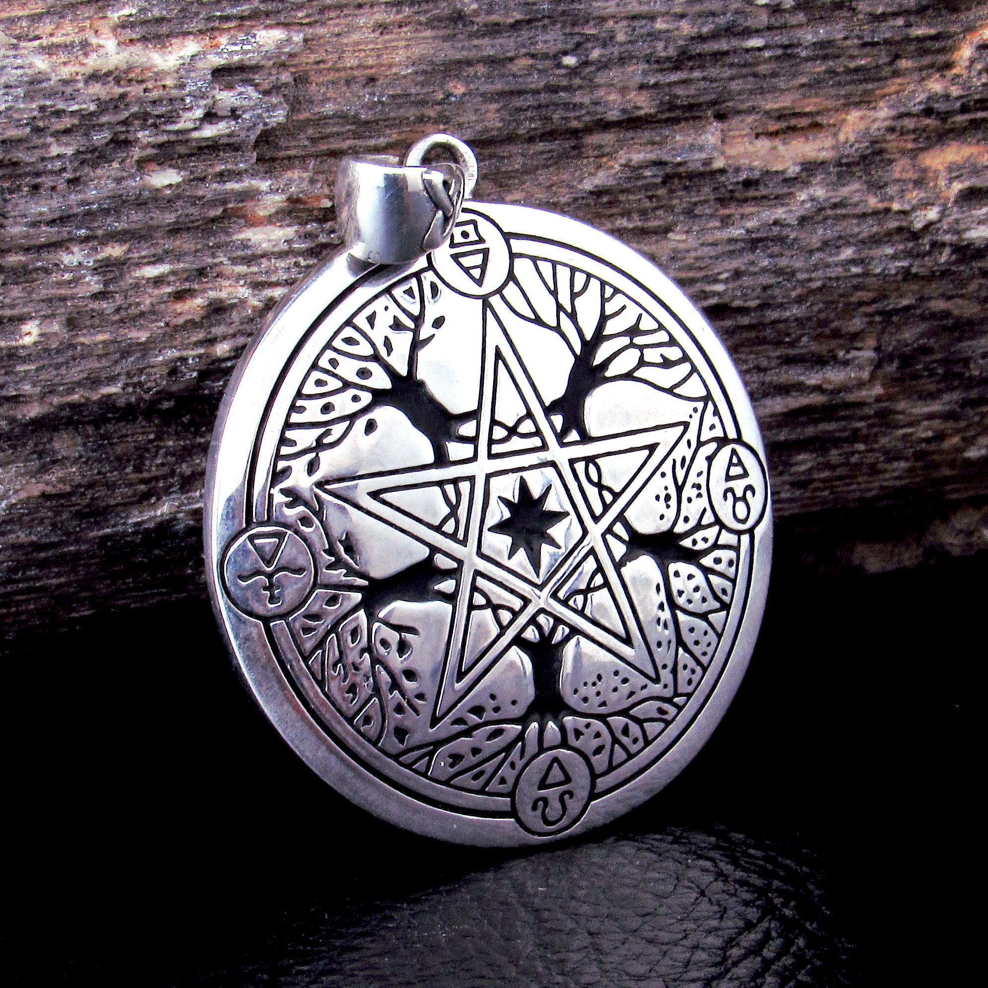 Solid 925 Sterling Silver Pentacle Pendant, Tree of Life Pentagram 