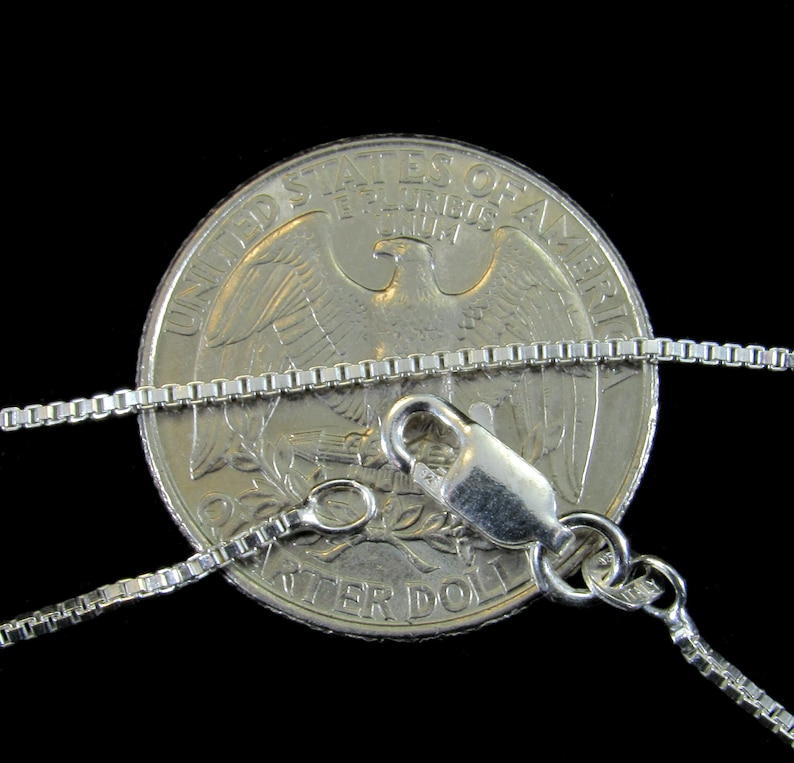 May include: A silver chain necklace with a lobster clasp. The chain is laid on top of a US quarter dollar coin for size reference.