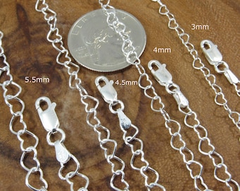 Solid 925 Sterling Silver Italian Heart Link Chain, Connected Hearts Necklace, Bracelet, Anklet, Feminine Minimalist Jewelry, Made in Italy