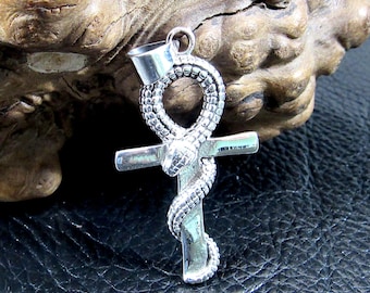 Solid 925 Sterling Silver Ankh Pendant with Snake – Egyptian Symbol of Life & Power, Serpent Cross, Gothic Occult Jewelry, Protection Amulet