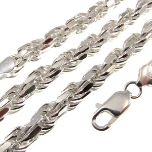 7MM Solid 925 Sterling Silver Men&#39;s Italian Diamond Cut ROPE CHAIN Bracelet or Necklace, Made in Italy,  8&quot; - 30&quot; Inches, Hip Hop Jewelry