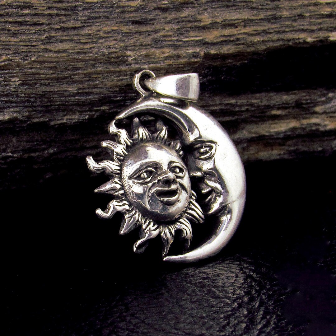 Solid 925 Sterling Silver Sun and Crescent Moon Faces Pendant, Cosmic ...