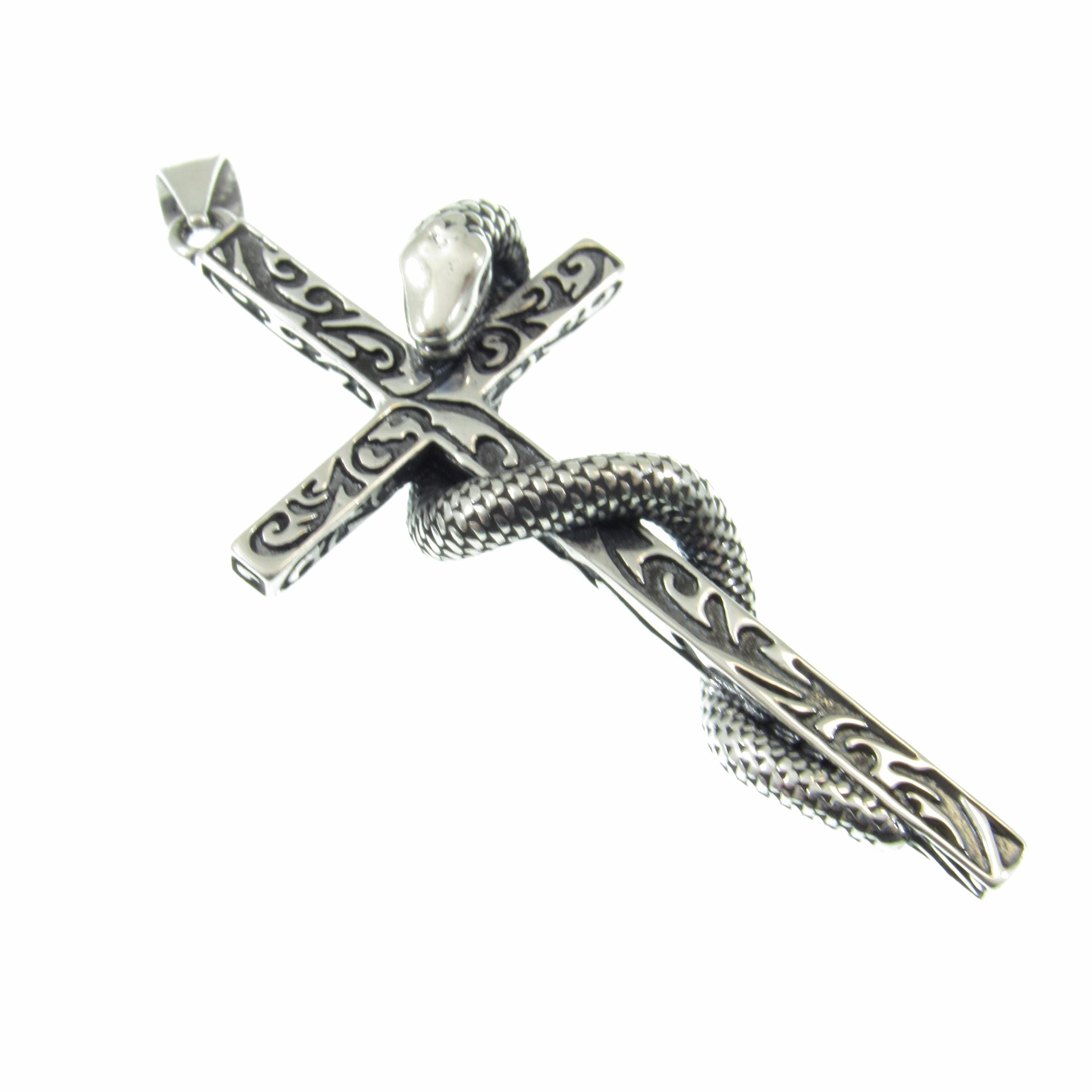 Solid 925 Sterling Silver Slithering Snake on Christian Cross