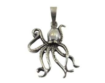 Solid 925 Sterling Silver Cephalopod Octopus With Tentacles Handcrafted Pendant, Sea Sand Marine Ocean Nautical Jewelry