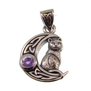 Solid 925 Sterling Silver Celtic Crescent Moon Cat Pendant With Amethyst or Rainbow Moonstone Gemstone