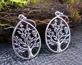 Solid 925 Sterling Silver Tree of Life Earrings, Drop Dangle Hooks, Celtic Yggdrasil Jewelry