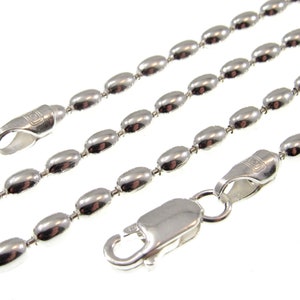 Cadena militar DOGTAG con cuentas de arroz ovaladas italianas de plata esterlina maciza 925 de 3 mm, pulsera o collar unisex, fabricado en Italia, de 8 a 36 pulgadas