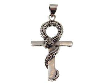 Egyptian Ankh Cross Snake Pendant Men Women Stainless Steel Necklace 22" Egyptian Ankh Cross Snake Pendant Men Women Stainless Steel Necklace 22"