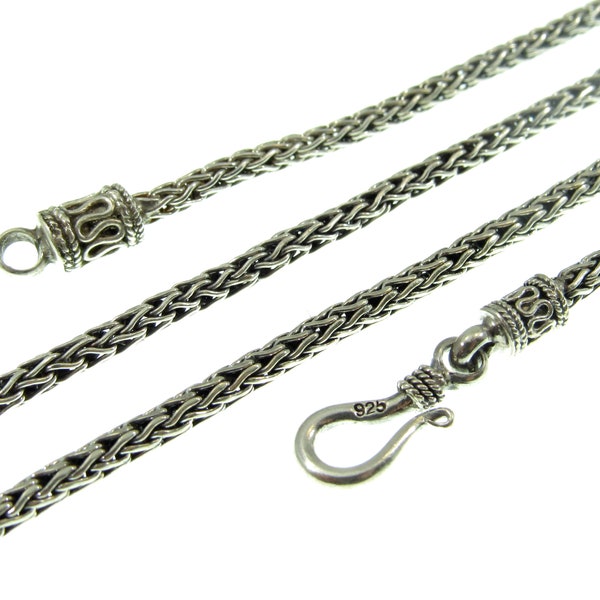 2.5MM Solid 925 Sterling Silver Handmade Bali Foxtail Weave Chain, Braided Unisex Necklace or Bracelet, Woven Rustic Oxidized Jewelry