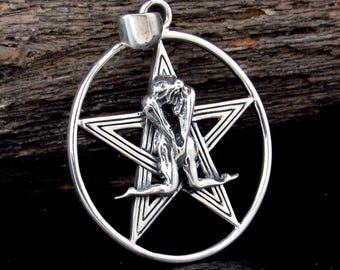 Solid 925 Sterling Silver, Tantric Couple Pentagram Pendant, Sacred Union Pagan Witch Jewelry