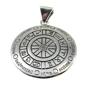 Solid 925 Sterling Silver Wheel of the Year Zodiac Pendant, Magic Celestial Pagan Astrological Amulet