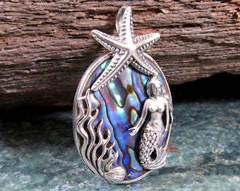 Massiver Anhänger aus 925 Sterling Silber und Abalone Muschel – Handgefertigter Anhänger mit Meerjungfrau & Seestern – Vom Meer inspirierter Schmuck