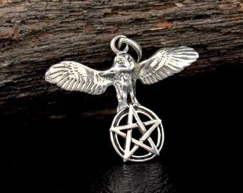 Solid 925 Sterling Silver Barn Owl Pentacle Pendant, Wiccan Jewelry, Pagan Amulet, Occult Talisman
