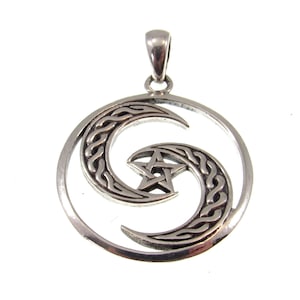 Solid 925 Sterling Silver Pentagram Inside Celtic Crescent Moons Protection Pendant