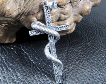 Solid 925 Sterling Silver Slithering Snake on Christian Cross