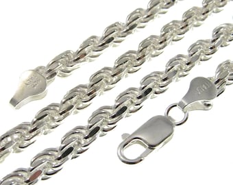 Bracelet ou collier en argent sterling massif 925 avec chaîne de cordelette, diamants italiens, 5 mm, fabriqué en Italie, 7 à 36 pouces, bijoux hip hop