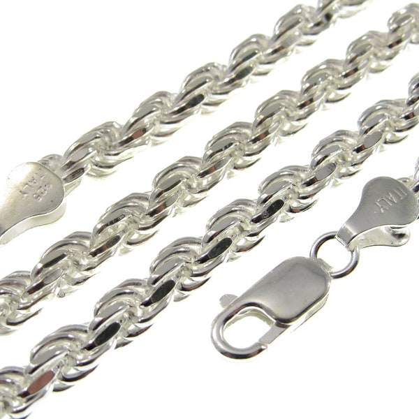 5MM Solid 925 Sterling Silver Italian Diamond Cut ROPE CHAIN Bracelet or Necklace, Made in Italy,  7" - 36" Inches, Hip Hop Jewelry