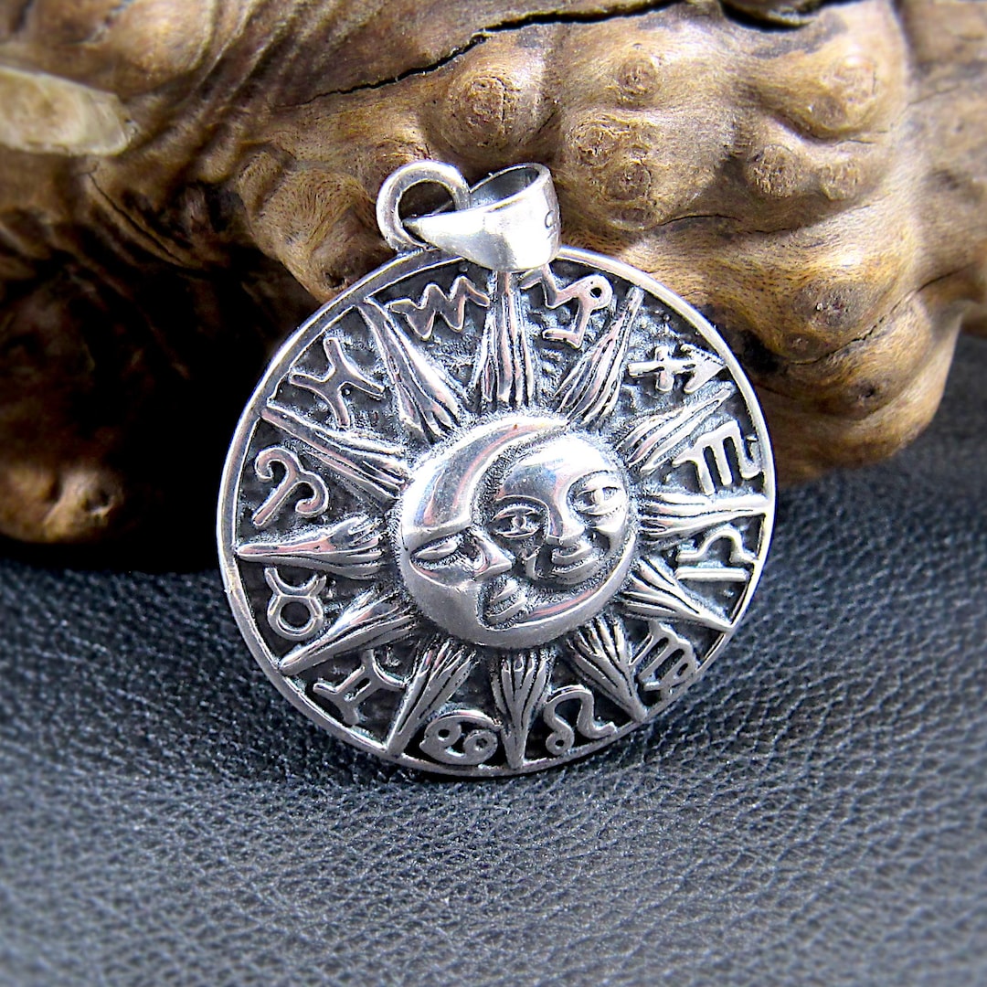 Solid 925 Sterling Silver Sun and Moon Faces Pendant - Zodiac Wheel ...