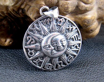 Solid 925 Sterling Silver Sun and Moon Faces Pendant - Zodiac Wheel - Astrology Necklace Amulet, Celestial Jewelry, Gift for Astrologers
