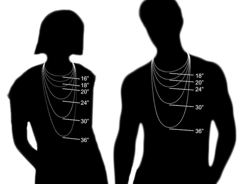 K&ouml;nnte beinhalten: Silhouetten von zwei Personen, die verschiedene Halskettenl&auml;ngen von 40,6 cm bis 91,4 cm zeigen.