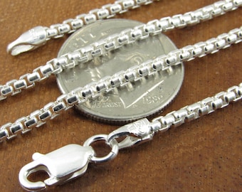 2.1MM Wide Solid 925 Sterling Silver Round Box Chain, Rounded Box Link Necklace, Unisex Italian Jewelry, All Sizes For Everyday Casual Wear