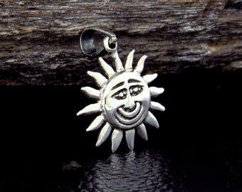 Solid 925 Sterling Silver Sun Face Pendant, Smiling Solar Rays Celestial Necklace Charm