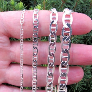 Solid 925 Sterling Silver Italian Flat Mariner Chain - Men&#39;s Marina Link Necklace or Bracelet - Nautical Jewelry for Layering or Stacking
