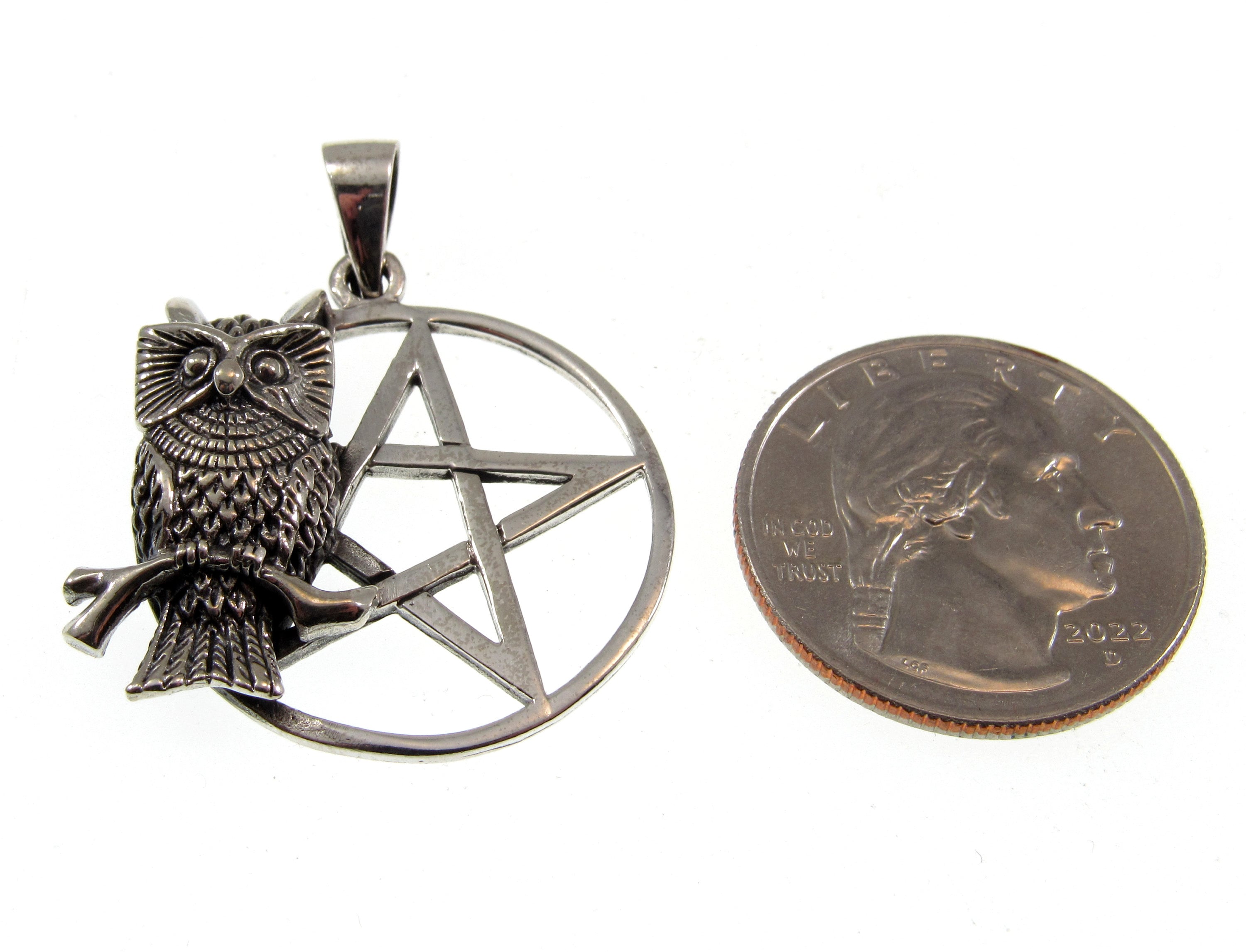 Solid 925 Sterling Silver Owl on Pentacle Pagan Pentagram Pendant 