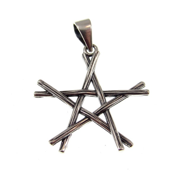 Solid 925 Sterling Silver Twigs & Branches Pentagram Pendant, Handcrafted Wicca Pagan Halloween Jewelry Charm