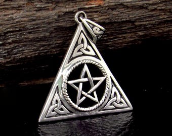 Solid 925 Sterling Silver Celtic Trinity Knot Pentacle Pendant Wiccan Pagan Triangle Amulet