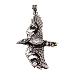 Massiver 925 Sterling Silber Anhänger Mythischer Rabe im Flug, Wählen Sie facettierten Edelstein: Purpur Amethyst, Roter Granat, Regenbogen Mondstein, Topas