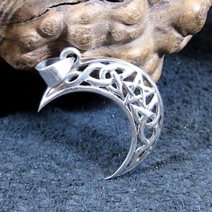 Solid 925 Sterling Silver Crescent Moon Pendant – Celtic Knot Pentagram Amulet – Wiccan Pagan Witch Jewelry – Silver Moon Necklace Charm