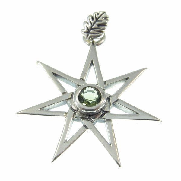 Elvin Fairy Star & Oak Leaf Wiccan Magick Heptagram Pendant With Choice of Gemstone Handcrafted in Solid 925 Sterling Silver, Moldavite