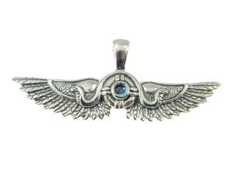 Solid 925 Sterling Silver Egyptian Outspread Falcon Wings Pendant, 2 Serpents and genuine gemstone sun disc, amethyst, garnet, or blue topaz