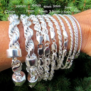925 Italian Rope Chain Bracelet, Diamond Cut Solid Sterling Silver, Dainty or Chunky Unisex Jewelry, Timeless Gift for Him or Her