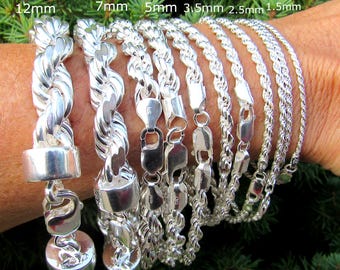 925 Italienisches Seil Kettenarmband, diamantgeschliffenes massives Sterling Silber, zierlicher Unisex Schmuck, zeitloses Geschenk für Sie und Ihn