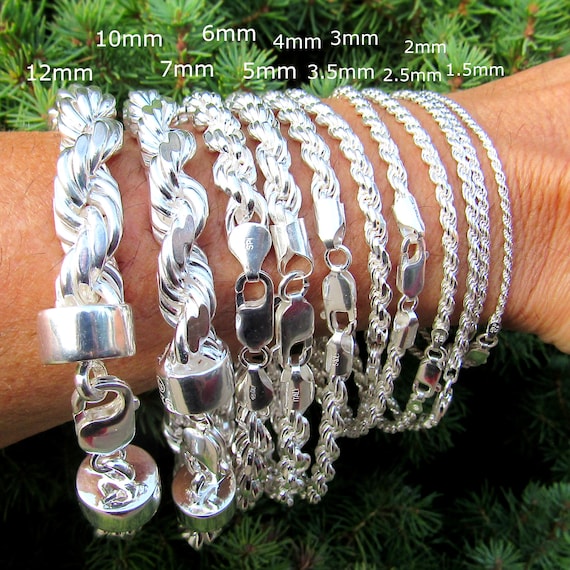 925 Italian Rope Chain Bracelet, Diamond Cut Solid Sterling Silver