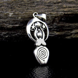 Solid 925 Sterling Silver Spiral Goddess Pendant – Moon & Stars Feminine Amulet