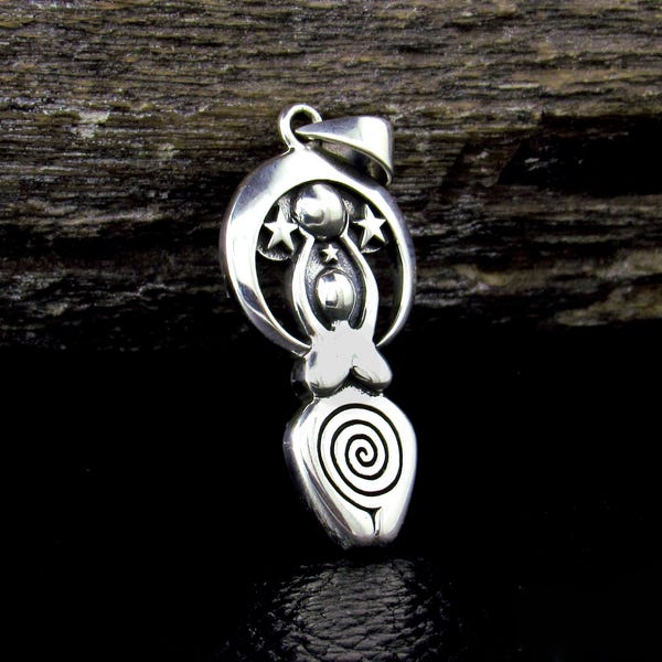 Solid 925 Sterling Silver Spiral Goddess Pendant – Moon & Stars Feminine Amulet
