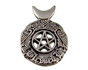 Solid 925 Sterling Silver Blessed Be the Star Crescent Moon Pentacle Pendant, Celtic Birds & Knotwork, Witch's Magic Amulet