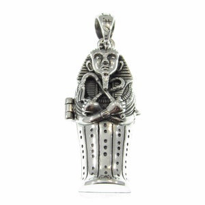 Solid 925 Sterling Silver Egyptian Hinged Sarcophagus with Hidden Mummy Pendant, Ancient Pharaoh Revealed