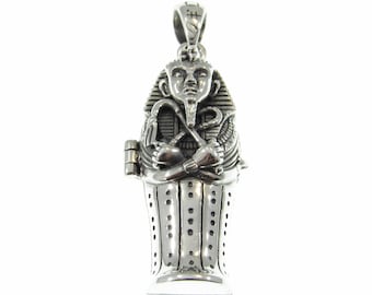 Solid 925 Sterling Silver Egyptian Hinged Sarcophagus with Hidden Mummy Pendant, Ancient Pharaoh Revealed