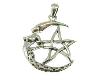 Solid 925 Sterling Silver Moon Goddess The Star Pentagram Pendant, Pagan Wicca Amulet